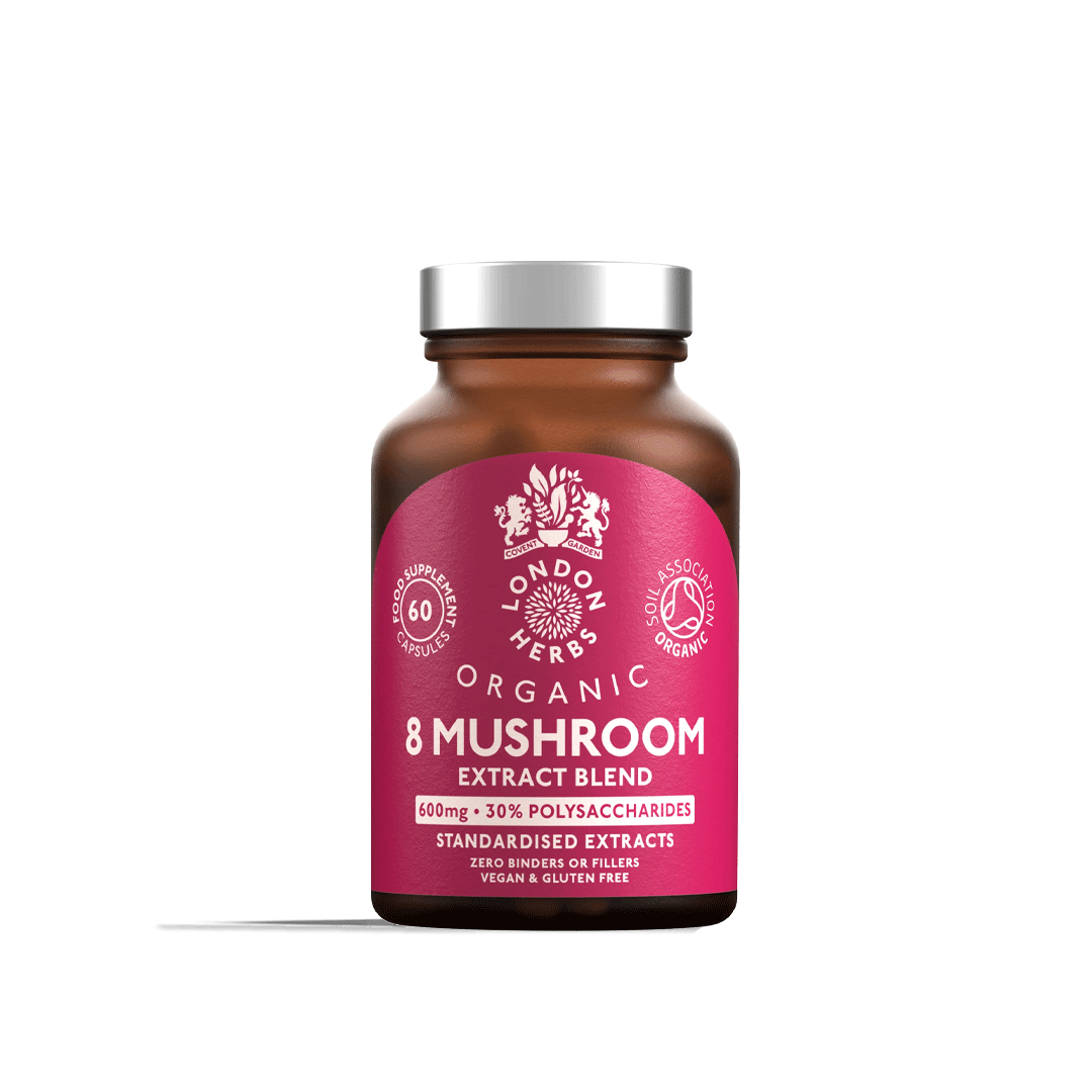 Bottle of London Herbs Organic 8 Mushroom Extract Blend on a white background