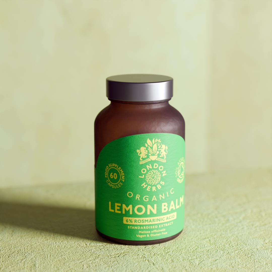 Bottle of organic lemon balm extract capsules on a plaster surface.