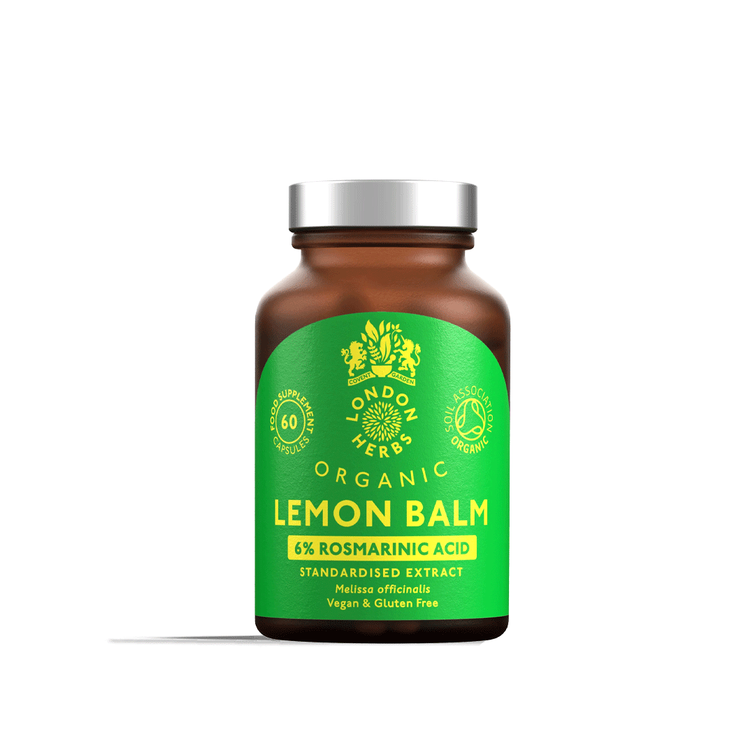 Bottle of London Herbs organic Lemon Balm Extract capsules herbal supplement