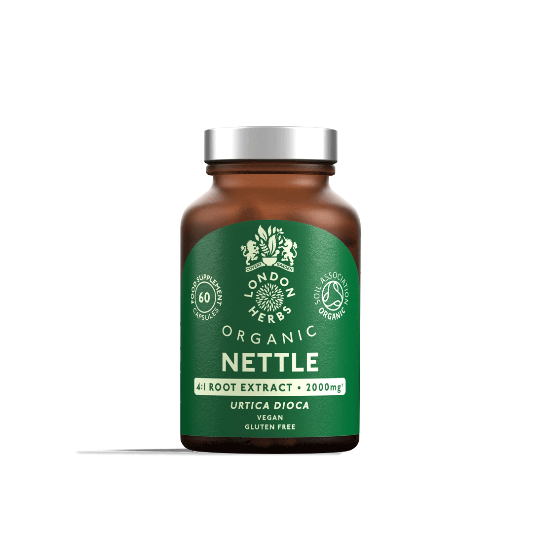 Bottle of London Herbs Organic Stinging Nettle Root Extract capsules herbal supplement