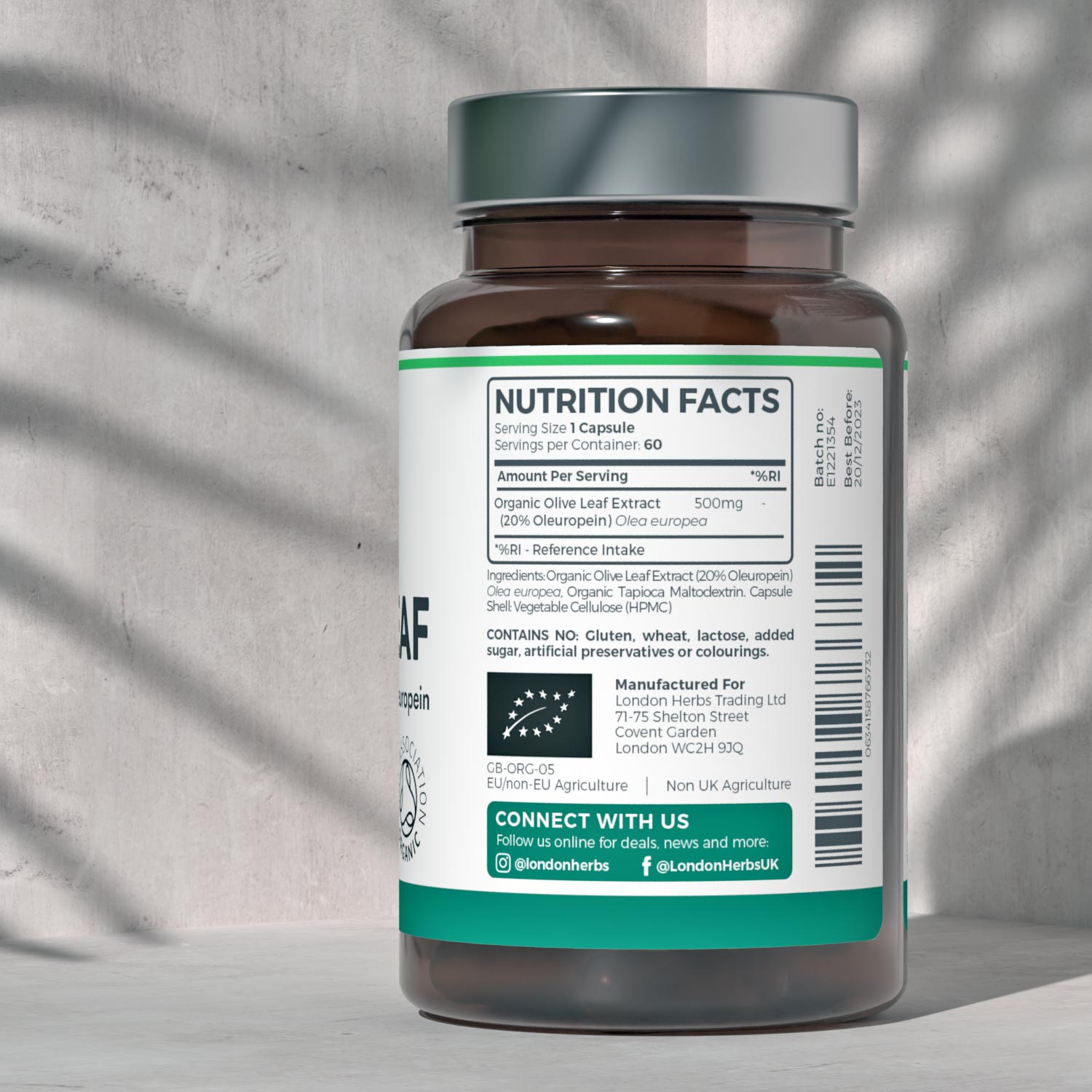 Olive Leaf Extract label showing nutritional information and ingredients